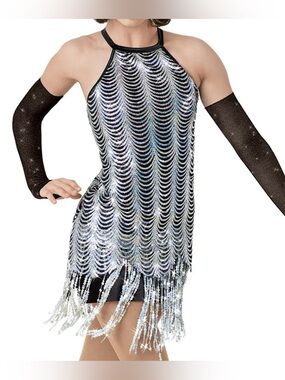 Weissman Silver Sequin Fringe Dance Costume Dress Sz LC